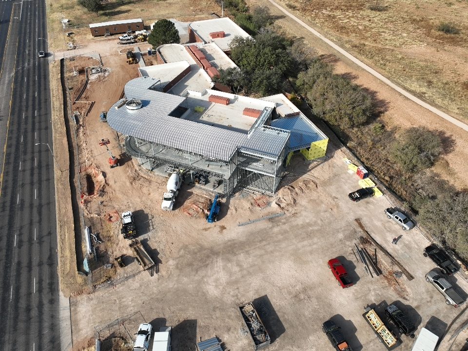 Commercial building under construction, aerial view